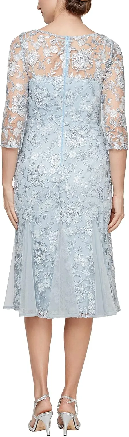 Alex Evenings Women's Tea Length Embroidered Cocktail Dress with Illusion Sleeves, Wedding Guest (Petite and Regular Sizes)