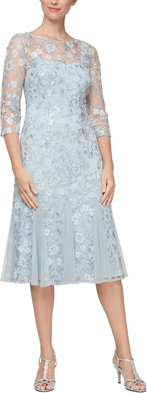 Alex Evenings Women's Tea Length Embroidered Cocktail Dress with Illusion Sleeves, Wedding Guest (Petite and Regular Sizes)