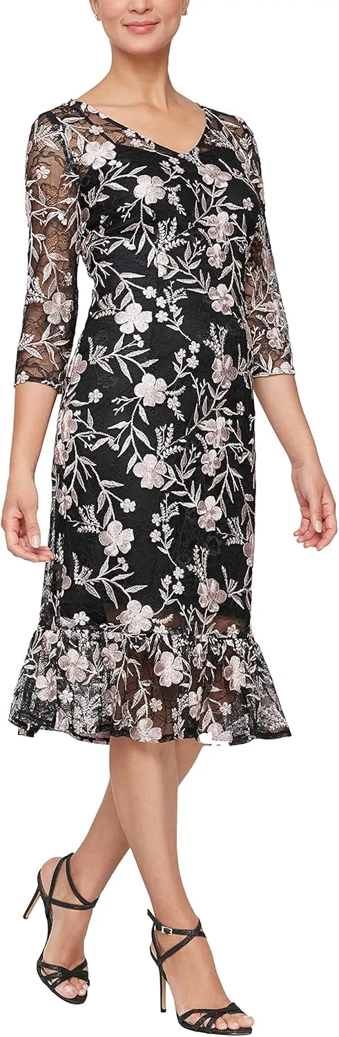 Alex Evenings Women's Tea Length Embroidered Cocktail Dress with Illusion Sleeves, Wedding Guest (Petite and Regular Sizes)
