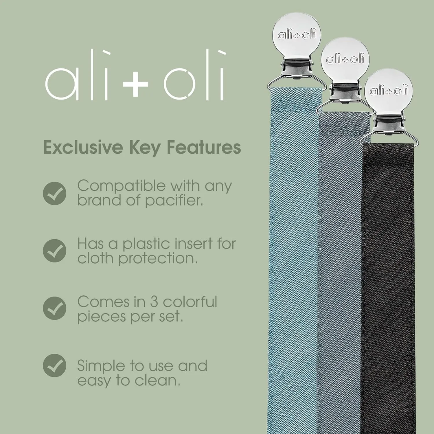 Ali Oli Linen Strap Pacifier Clip (Sky) Set of 3 (10" x 1") Baby Pacifier Holder for Newborn Pacifiers & Teethers, Binky Clips, Silicone-Free Pacifier Clips