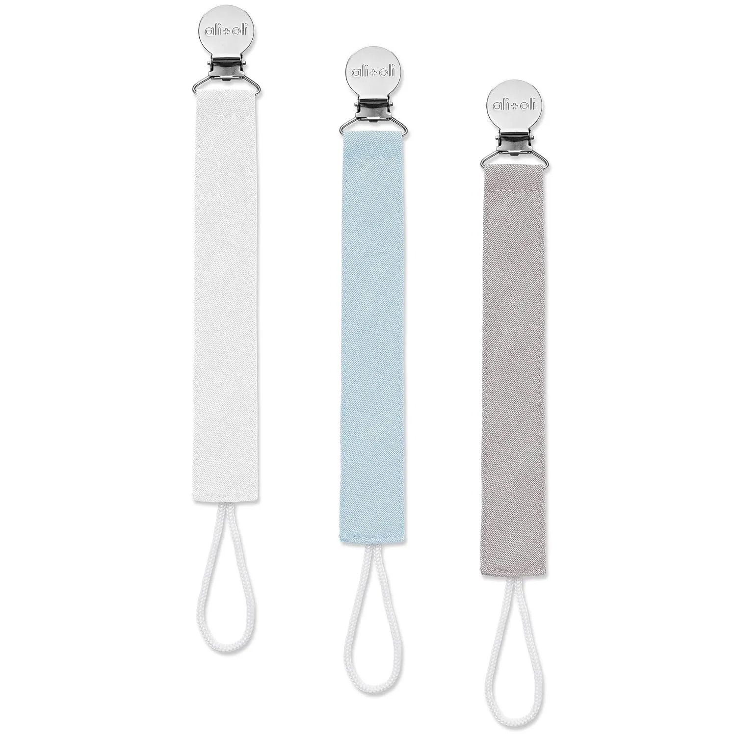 Ali Oli Linen Strap Pacifier Clip (Sky) Set of 3 (10" x 1") Baby Pacifier Holder for Newborn Pacifiers & Teethers, Binky Clips, Silicone-Free Pacifier Clips