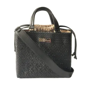 All Black Medium Woven Crossbody Bag with Drawstring - Black Leather, Black Bag, Recycled Plastic Purse, Oaxacan Mexican Bag, Artisan Made, Travel Bag, Woven Bag (Black Lining)
