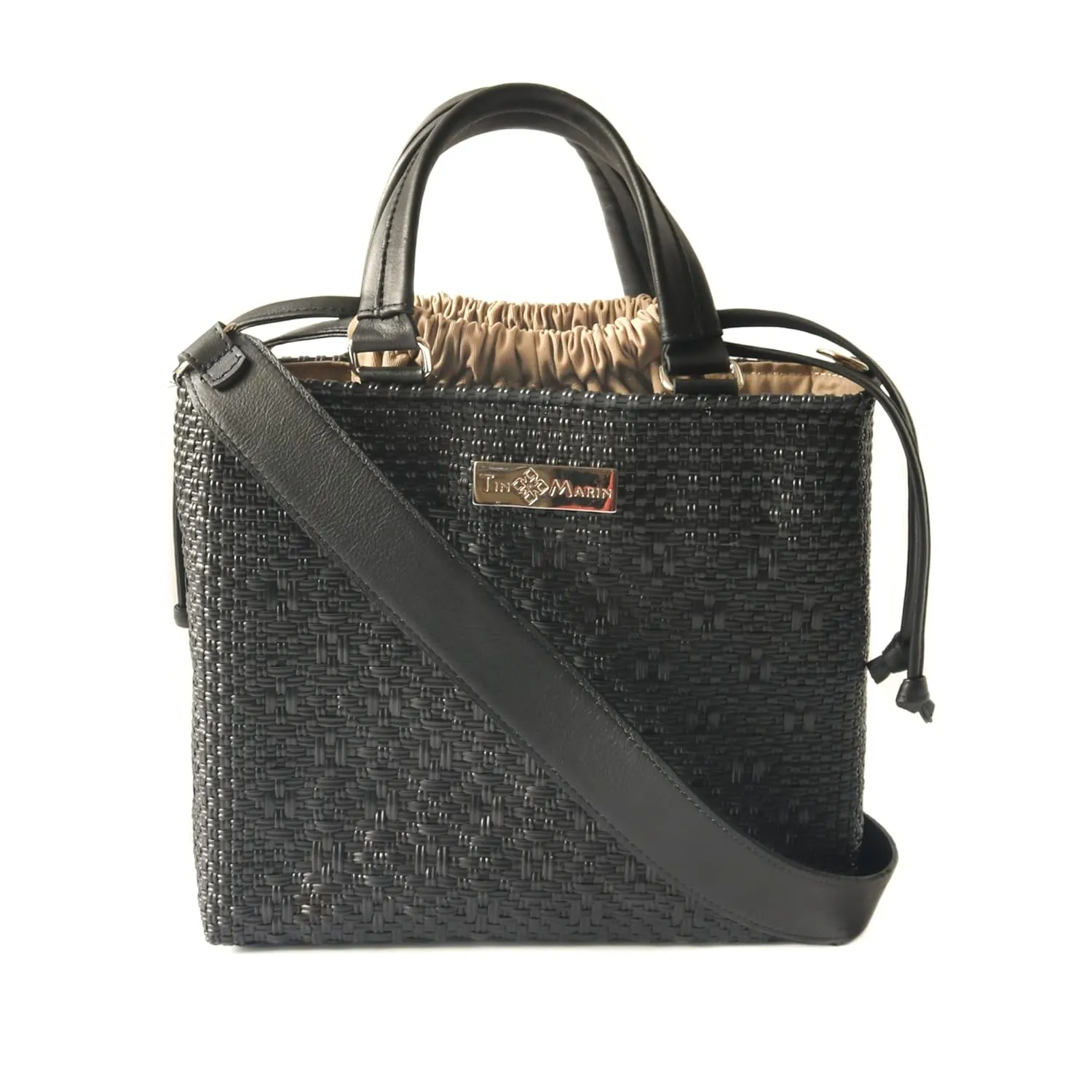 All Black Medium Woven Crossbody Bag with Drawstring - Black Leather, Black Bag, Recycled Plastic Purse, Oaxacan Mexican Bag, Artisan Made, Travel Bag, Woven Bag (Black Lining)