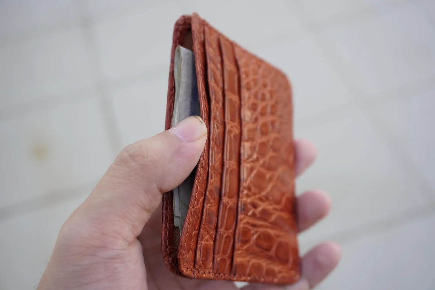 Alligator Credit Card Holder Bifold Wallet Front Pocket Gift For Men Crocodile Double Side Exotic Minimalist Leather Slim Executive Business Luxury Travel ID Case (Cognac-Croc Mini Card Holder)