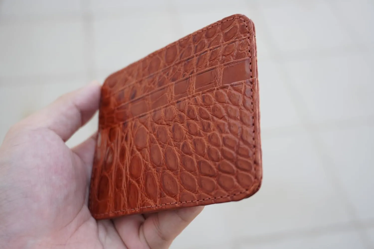 Alligator Credit Card Holder Bifold Wallet Front Pocket Gift For Men Crocodile Double Side Exotic Minimalist Leather Slim Executive Business Luxury Travel ID Case (Cognac-Croc Mini Card Holder)