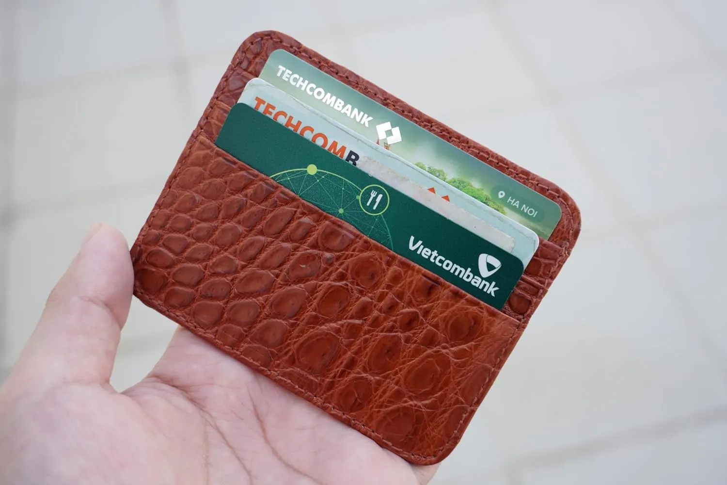Alligator Credit Card Holder Bifold Wallet Front Pocket Gift For Men Crocodile Double Side Exotic Minimalist Leather Slim Executive Business Luxury Travel ID Case (Cognac-Croc Mini Card Holder)