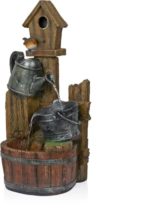 Alpine Corporation TZL280 Watering Can Barrel Birdhouse Fountain w/White LED Lights, Stylish Décor for Garden & Patio, 32" H