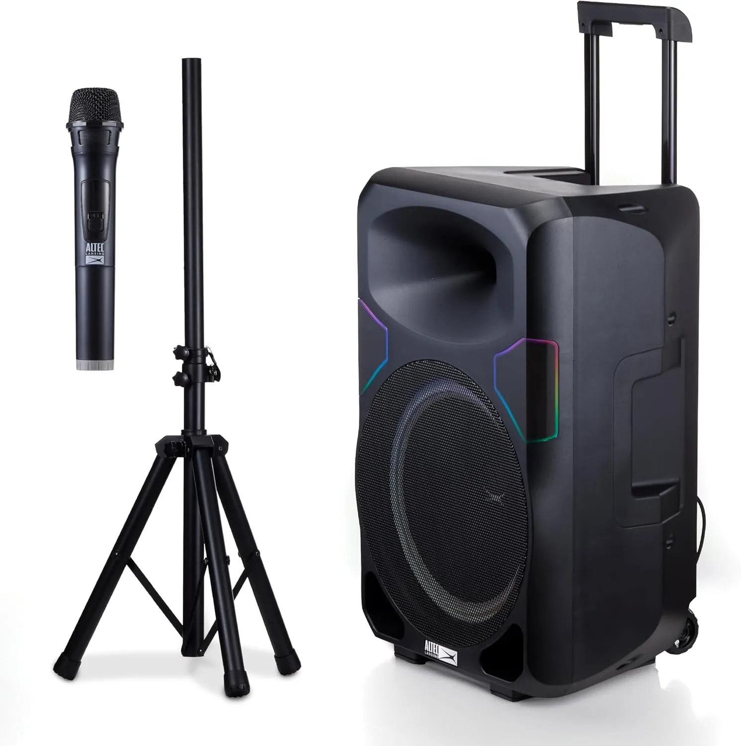 Altec Lansing Portable Speaker SOUNDROVER PRO 650, 650W Peak Power, Bi-Amplified, LED Lighting, Wireless Mic Included, Aux Input, Wall Powered Perfect for Parties, DJ and Karaoke
