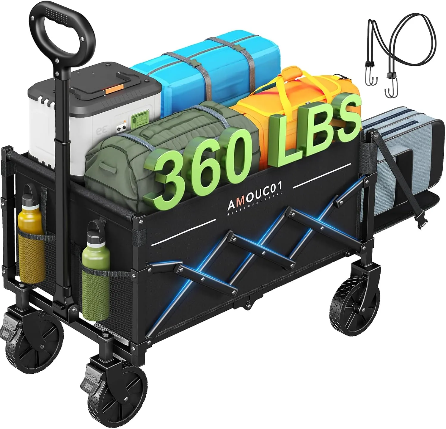AMADA HOMEFURNISHING Wagon Cart Foldable, Collapsible Wagon Cart with 360 LBS Max Load & Expandable Storage, 90L Foldable Grocery Cart with 2 Cup Holders for Outdoor, Groceries, Garden & Camping