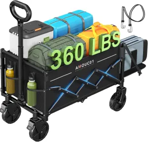 AMADA HOMEFURNISHING Wagon Cart Foldable, Collapsible Wagon Cart with 360 LBS Max Load & Expandable Storage, 90L Foldable Grocery Cart with 2 Cup Holders for Outdoor, Groceries, Garden & Camping