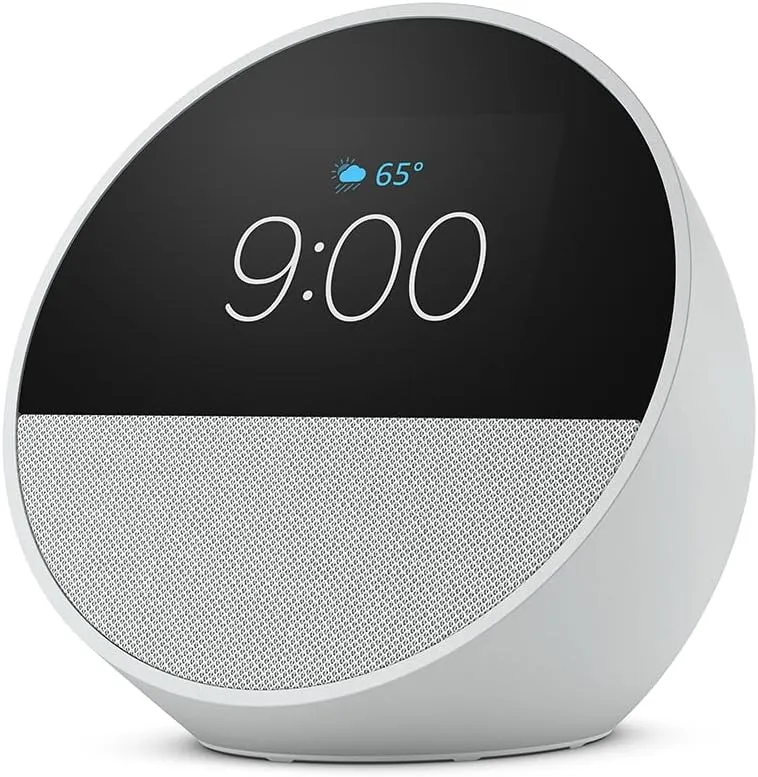 Amazon Echo Spot (newest model), Great for nightstands, offices and kitchens, Smart alarm clock with Alexa, Glacier White