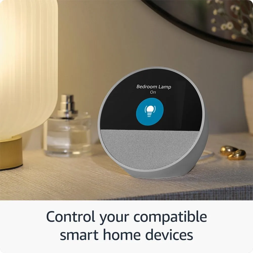 Amazon Echo Spot (newest model), Great for nightstands, offices and kitchens, Smart alarm clock with Alexa, Glacier White