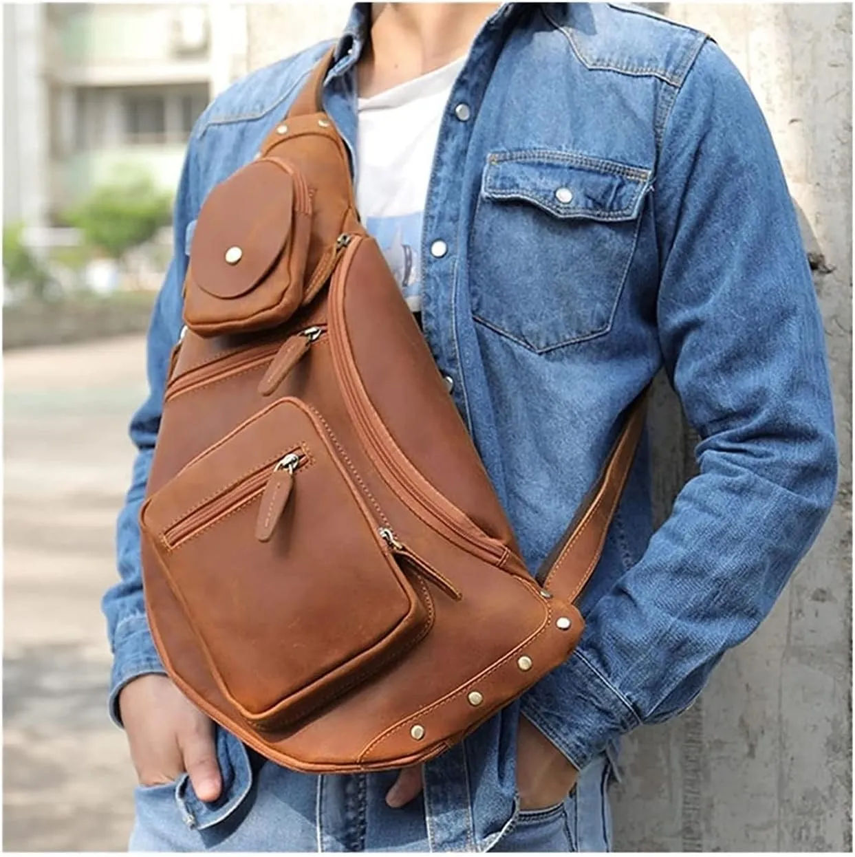 Anti Theft Sling Bag Leather Chest Bag Crossbody Shoulder Pack Bag Daypack for Men men Outdoor Travel