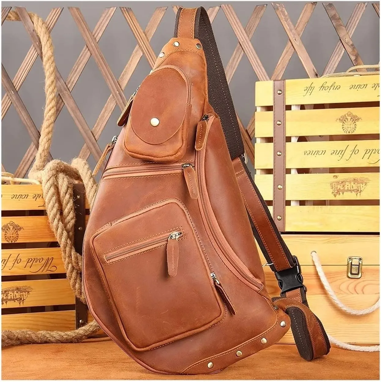 Anti Theft Sling Bag Leather Chest Bag Crossbody Shoulder Pack Bag Daypack for Men men Outdoor Travel