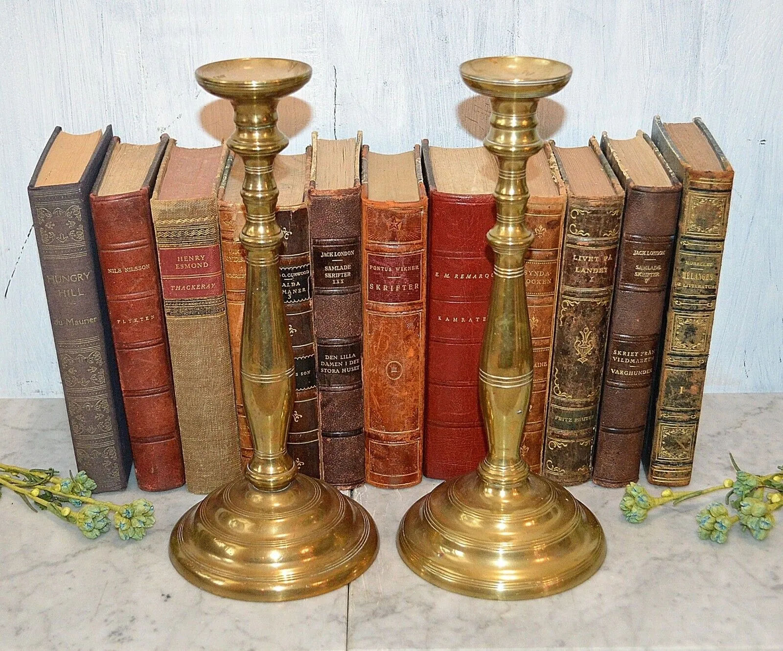 Antique Pair Candlesticks Heavy Brass Candle Holders Candlesticks