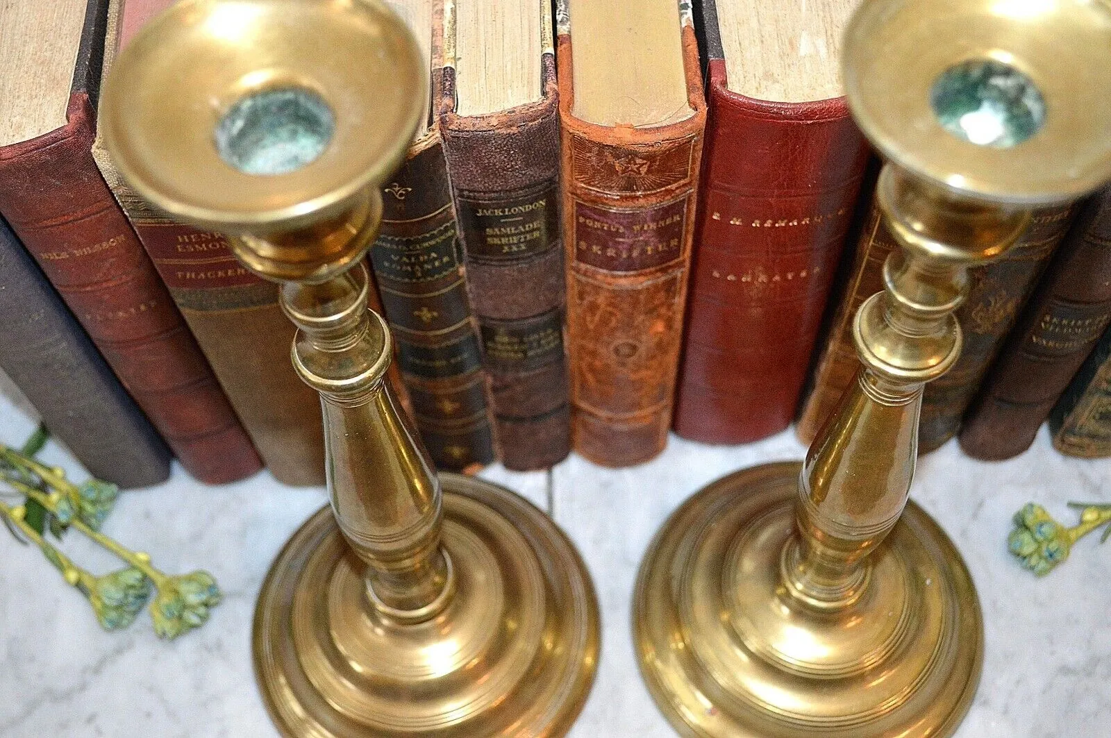 Antique Pair Candlesticks Heavy Brass Candle Holders Candlesticks
