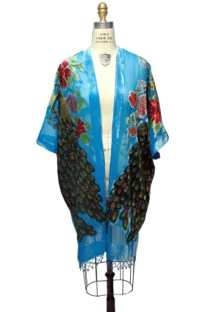 Art Deco Peacock Velvet Evening Wrap in Turquoise-Blue - SOLD OUT