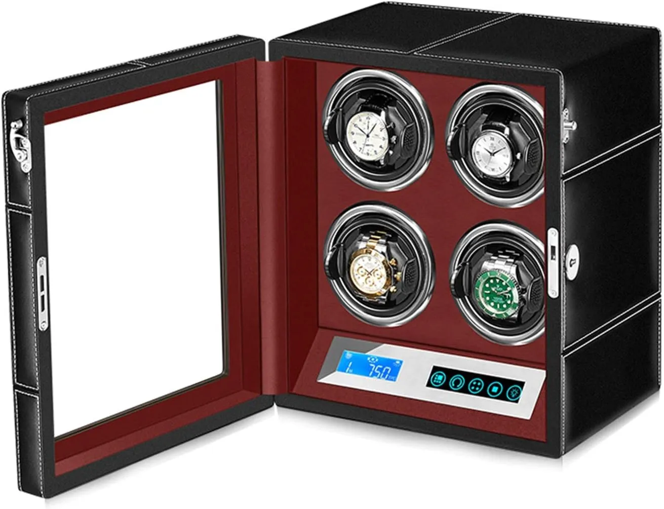 Automatic Watch Winder Box LCD Touch Screen Adjustable Watch Pillows Leather Exterior Quiet Motor Built-in LED Illumination Watch Winder Box Best Gift