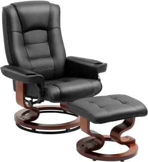 AVAWING Recliner with Ottoman, Wood Base & Adjustable Back, Faux Leather Swivel Reclining Chair with Footrest for Living Room and Bedroom, Black
