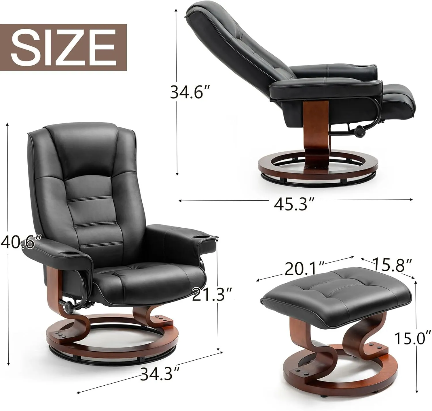 AVAWING Recliner with Ottoman, Wood Base & Adjustable Back, Faux Leather Swivel Reclining Chair with Footrest for Living Room and Bedroom, Black