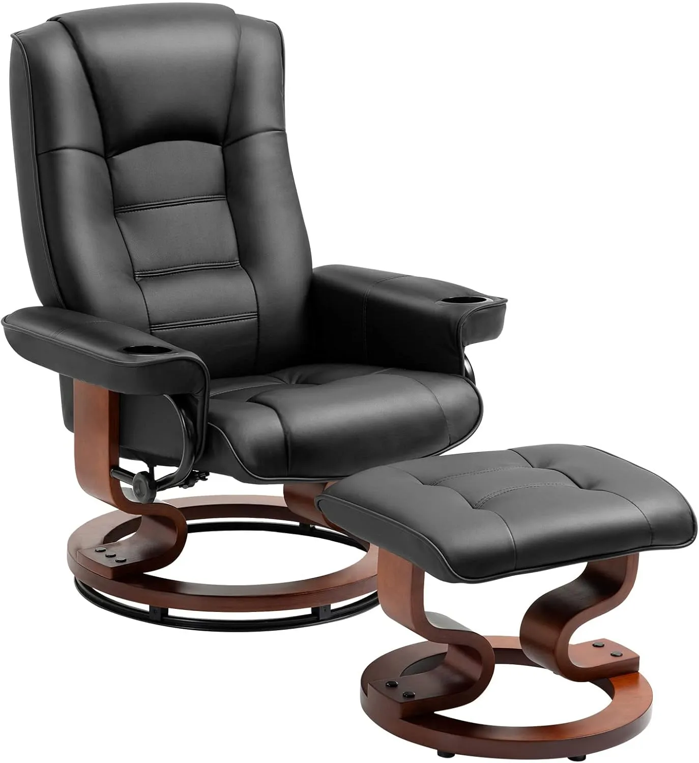 AVAWING Recliner with Ottoman, Wood Base & Adjustable Back, Faux Leather Swivel Reclining Chair with Footrest for Living Room and Bedroom, Black