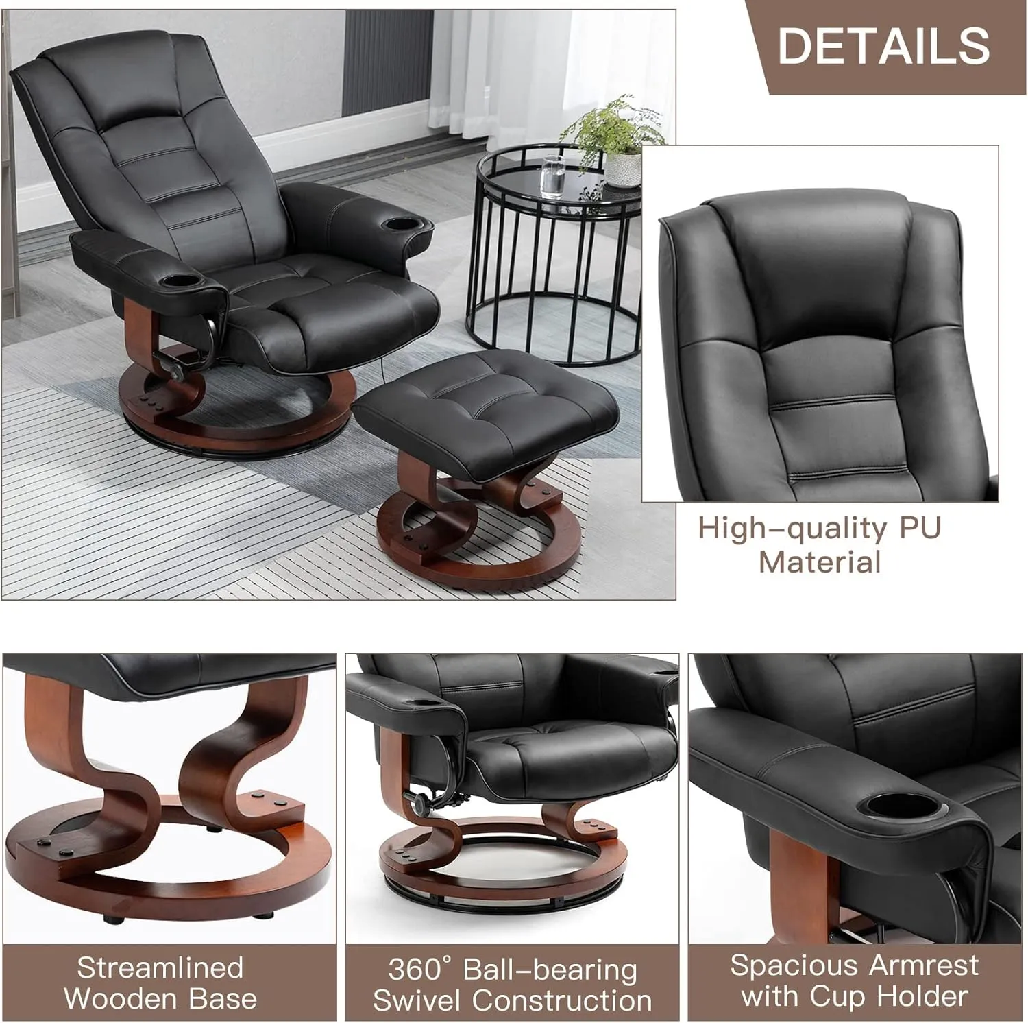 AVAWING Recliner with Ottoman, Wood Base & Adjustable Back, Faux Leather Swivel Reclining Chair with Footrest for Living Room and Bedroom, Black