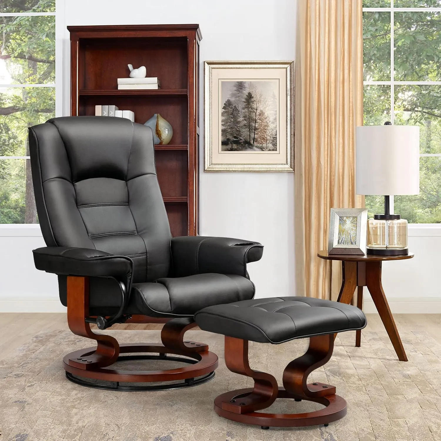 AVAWING Recliner with Ottoman, Wood Base & Adjustable Back, Faux Leather Swivel Reclining Chair with Footrest for Living Room and Bedroom, Black