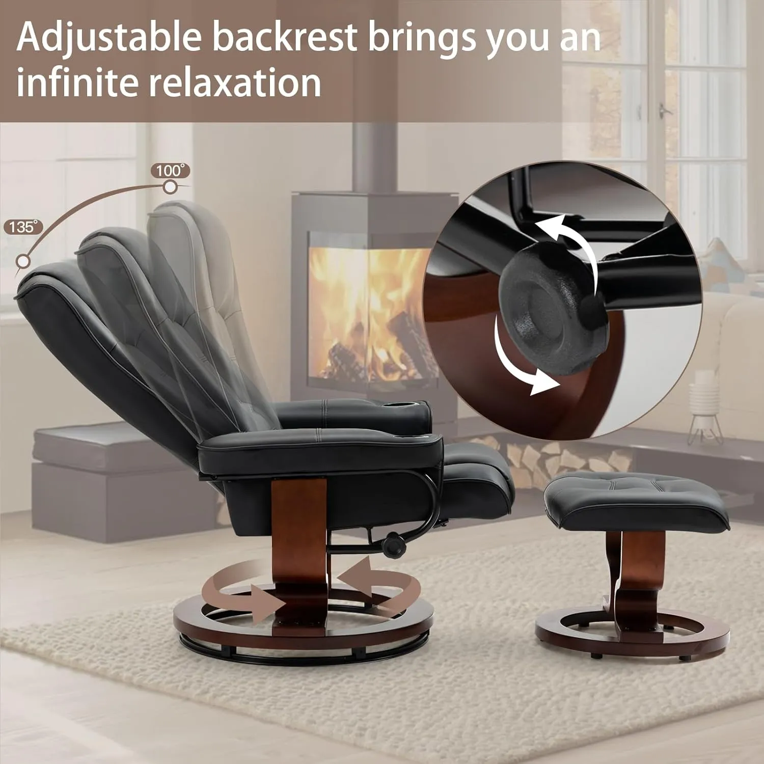 AVAWING Recliner with Ottoman, Wood Base & Adjustable Back, Faux Leather Swivel Reclining Chair with Footrest for Living Room and Bedroom, Black