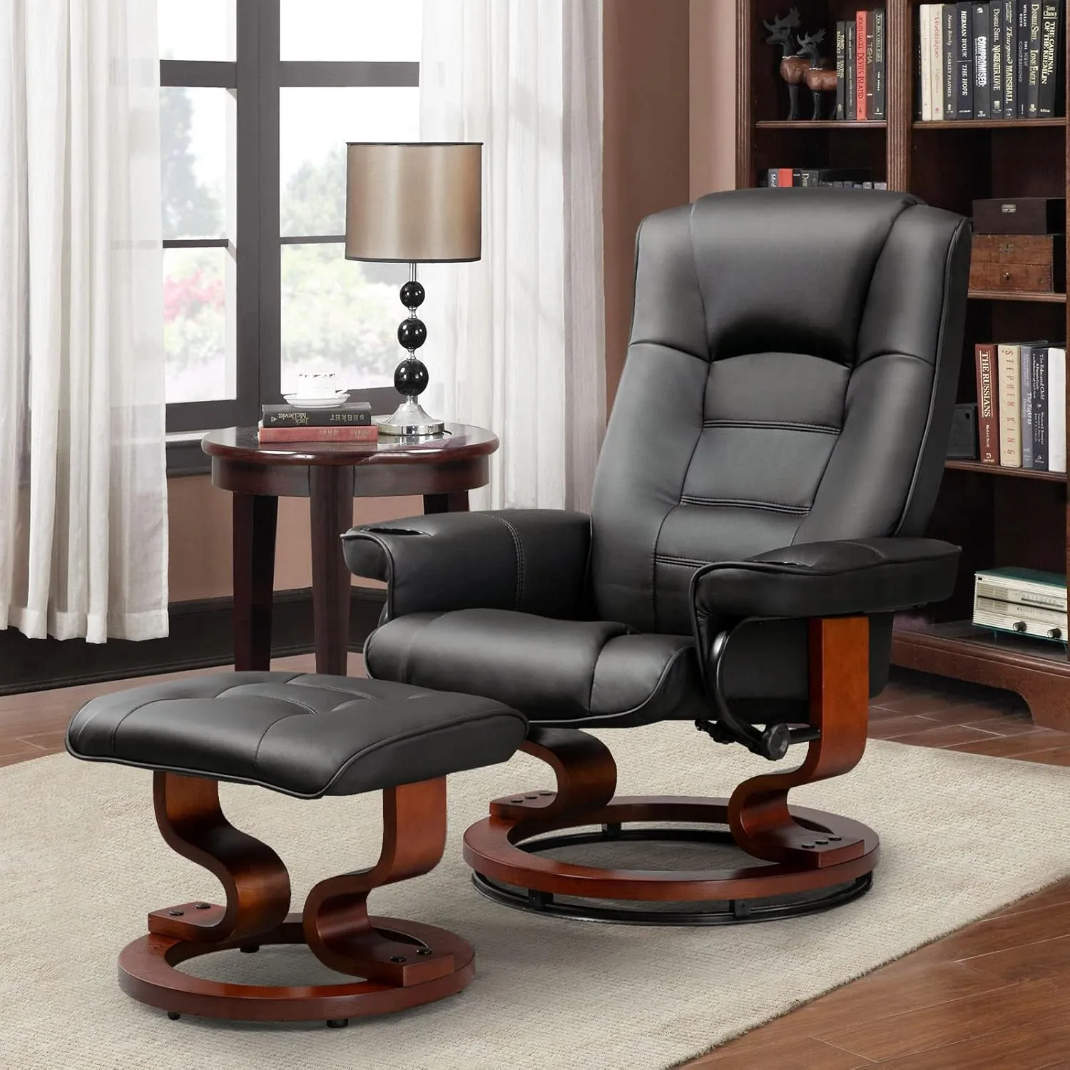 AVAWING Recliner with Ottoman, Wood Base & Adjustable Back, Faux Leather Swivel Reclining Chair with Footrest for Living Room and Bedroom, Black