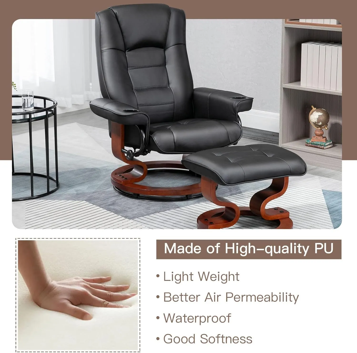 AVAWING Recliner with Ottoman, Wood Base & Adjustable Back, Faux Leather Swivel Reclining Chair with Footrest for Living Room and Bedroom, Black
