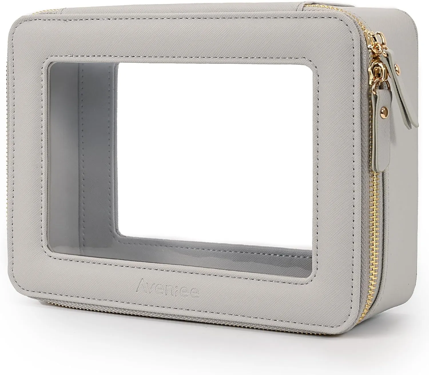 Aveniee Clear Makeup Bag for Women, Large Clear Cosmetic Bags Travel Toiletry Bag, Heavy Duty Makeup Organizer, Makeup Train Case with Clear Windows & Gold Zippers(Grey)
