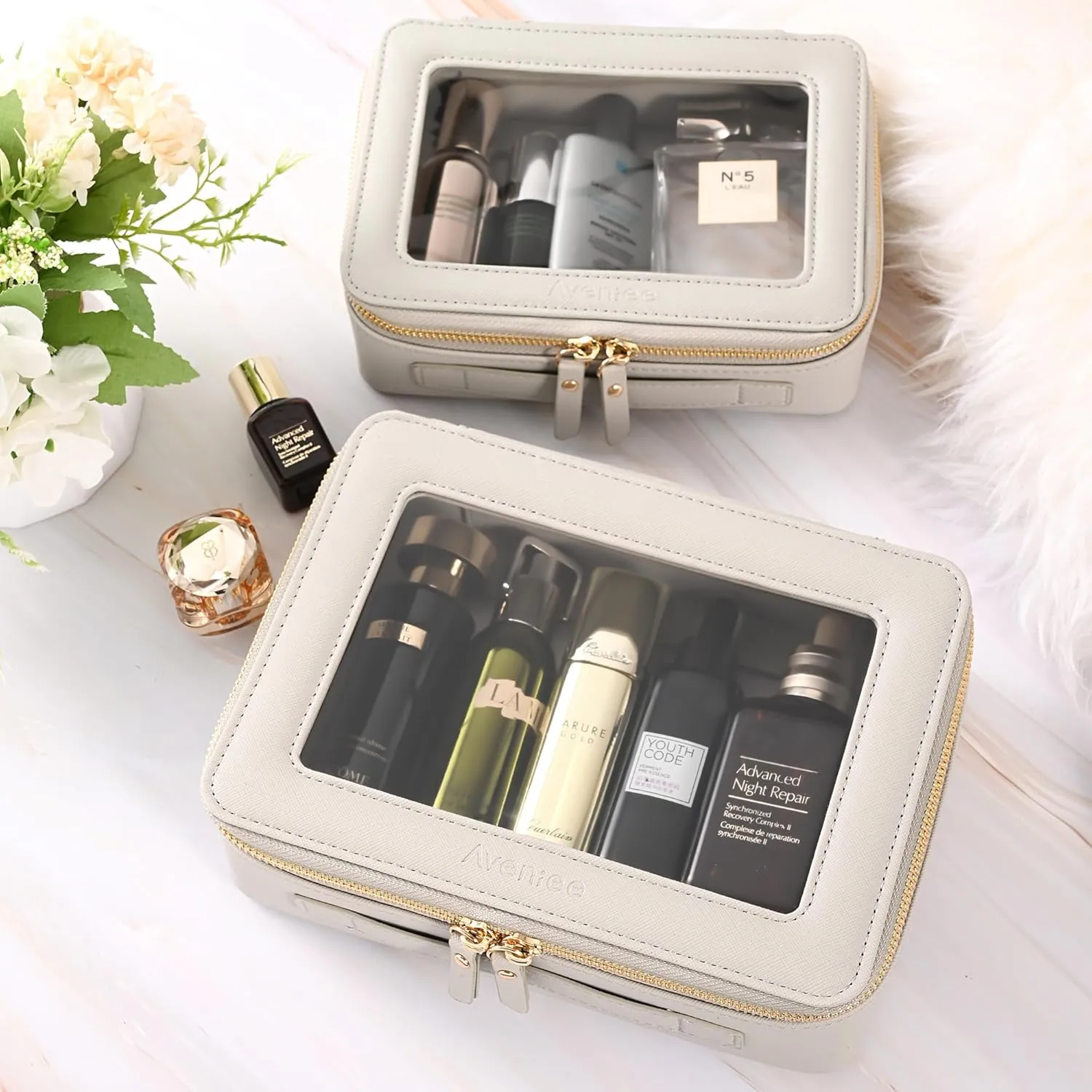 Aveniee Clear Makeup Bag for Women, Large Clear Cosmetic Bags Travel Toiletry Bag, Heavy Duty Makeup Organizer, Makeup Train Case with Clear Windows & Gold Zippers(Grey)