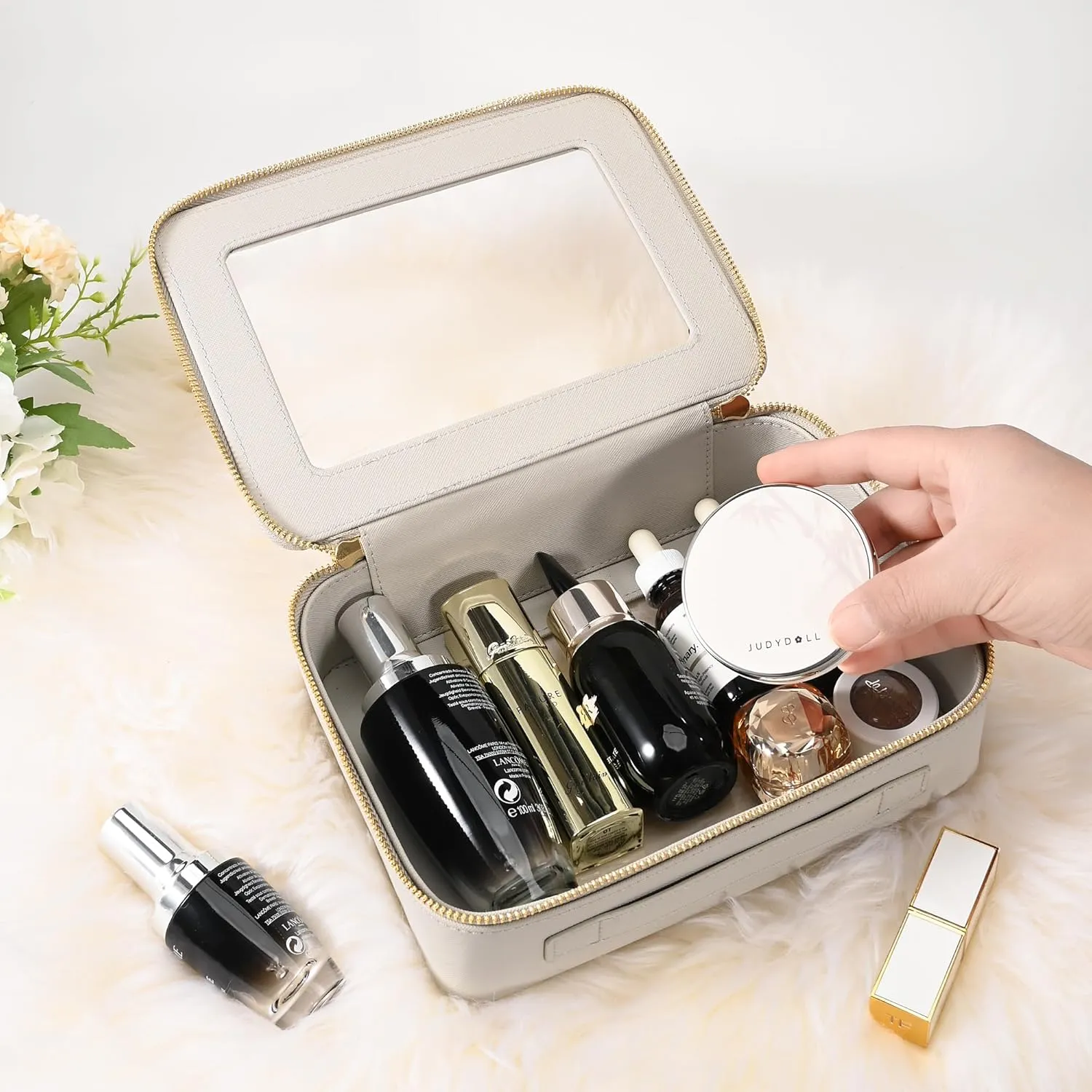 Aveniee Clear Makeup Bag for Women, Large Clear Cosmetic Bags Travel Toiletry Bag, Heavy Duty Makeup Organizer, Makeup Train Case with Clear Windows & Gold Zippers(Grey)