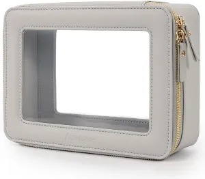 Aveniee Clear Makeup Bag for Women, Large Clear Cosmetic Bags Travel Toiletry Bag, Heavy Duty Makeup Organizer, Makeup Train Case with Clear Windows & Gold Zippers(Grey)