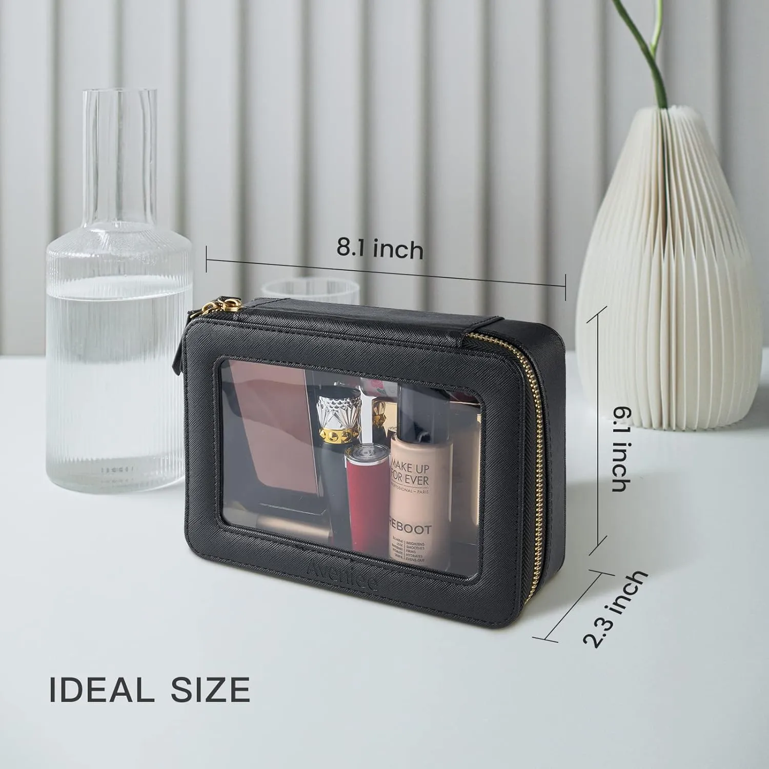 Aveniee Clear Makeup Bag Organizer, Portable Travel Toiletry Cosmetic Bag Case for Women, Heavy Duty Clear Pouch with zipper with Transparent Vinyl Windows & Gold Zippers(Black)