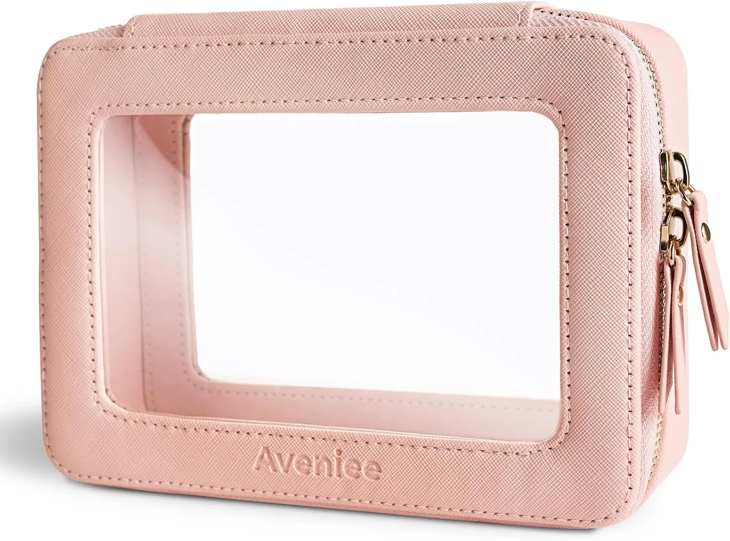 Aveniee Clear Makeup Bag Organizer, Portable Travel Toiletry Cosmetic Bag Case for Women, Heavy Duty Make Up Pouch with Transparent Vinyl Windows & Gold Zippers(Pink)