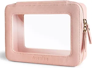 Aveniee Clear Makeup Bag Organizer, Portable Travel Toiletry Cosmetic Bag Case for Women, Heavy Duty Make Up Pouch with Transparent Vinyl Windows & Gold Zippers(Pink)