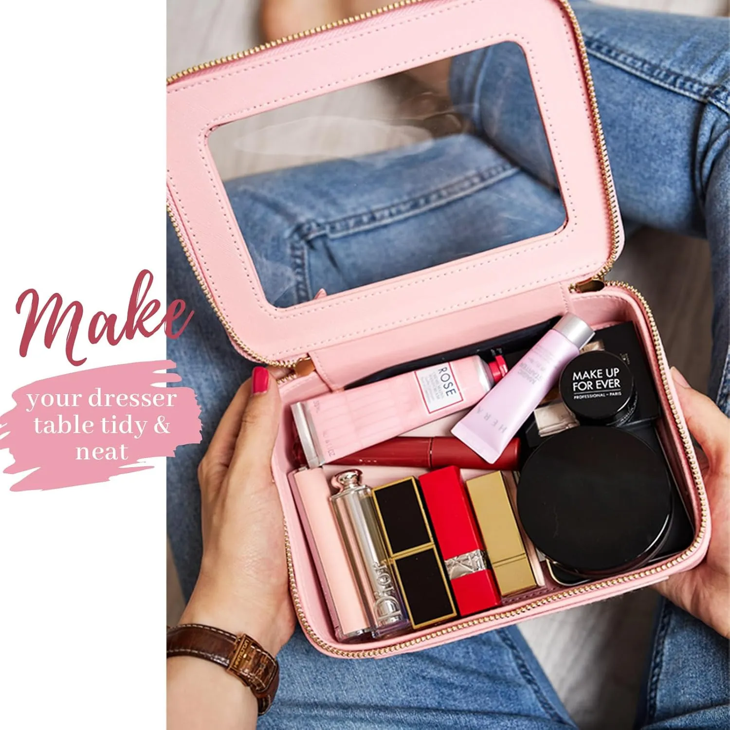 Aveniee Clear Makeup Bag Organizer, Portable Travel Toiletry Cosmetic Bag Case for Women, Heavy Duty Make Up Pouch with Transparent Vinyl Windows & Gold Zippers(Pink)
