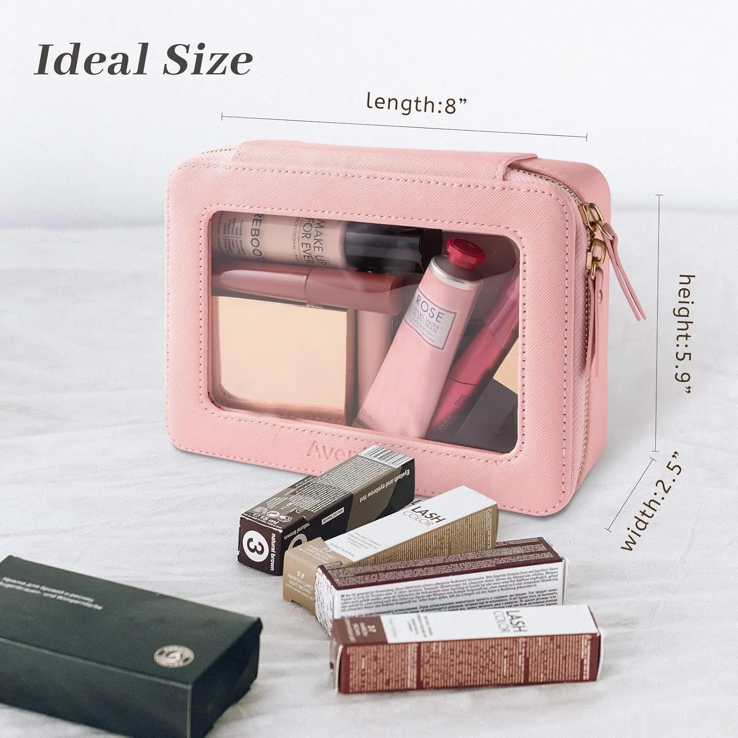 Aveniee Clear Makeup Bag Organizer, Portable Travel Toiletry Cosmetic Bag Case for Women, Heavy Duty Make Up Pouch with Transparent Vinyl Windows & Gold Zippers(Pink)
