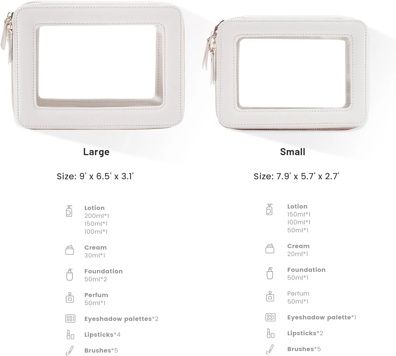Aveniee Large Clear Makeup Bag Cosmetic bags, Travel Toiletry Bag for Women, Clear Make up Bag Case, Chic Makeup Pouch with Transparent Vinyl Windows & Gold Zippers(White)