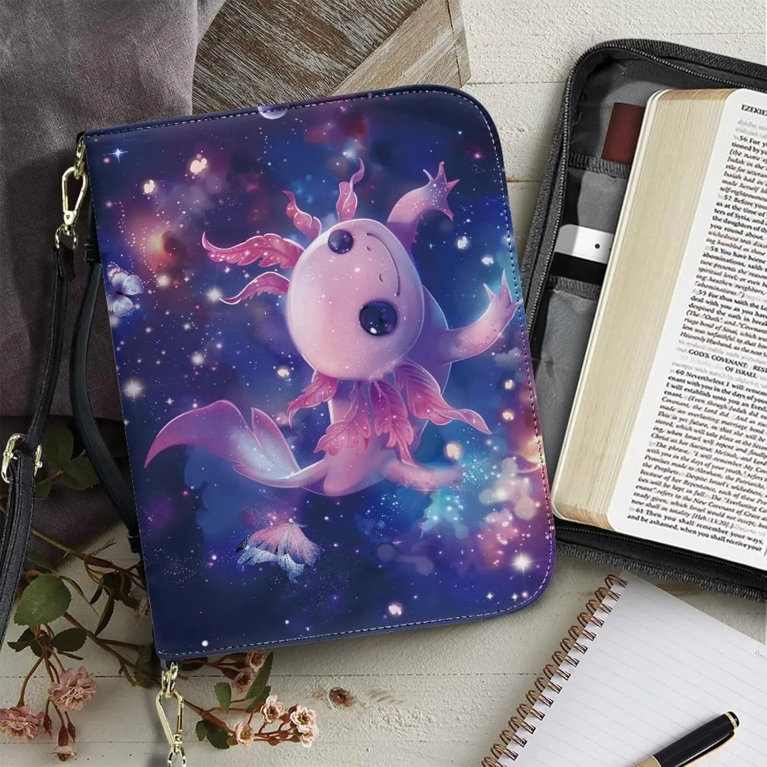 Axolotl Printed Bible Cover for Women, Large Bible Carrying Case with Shoulder Strap, Study Bible Book Cover with Pen Slots, Leather Bible Accessories, Purple and Pink, L