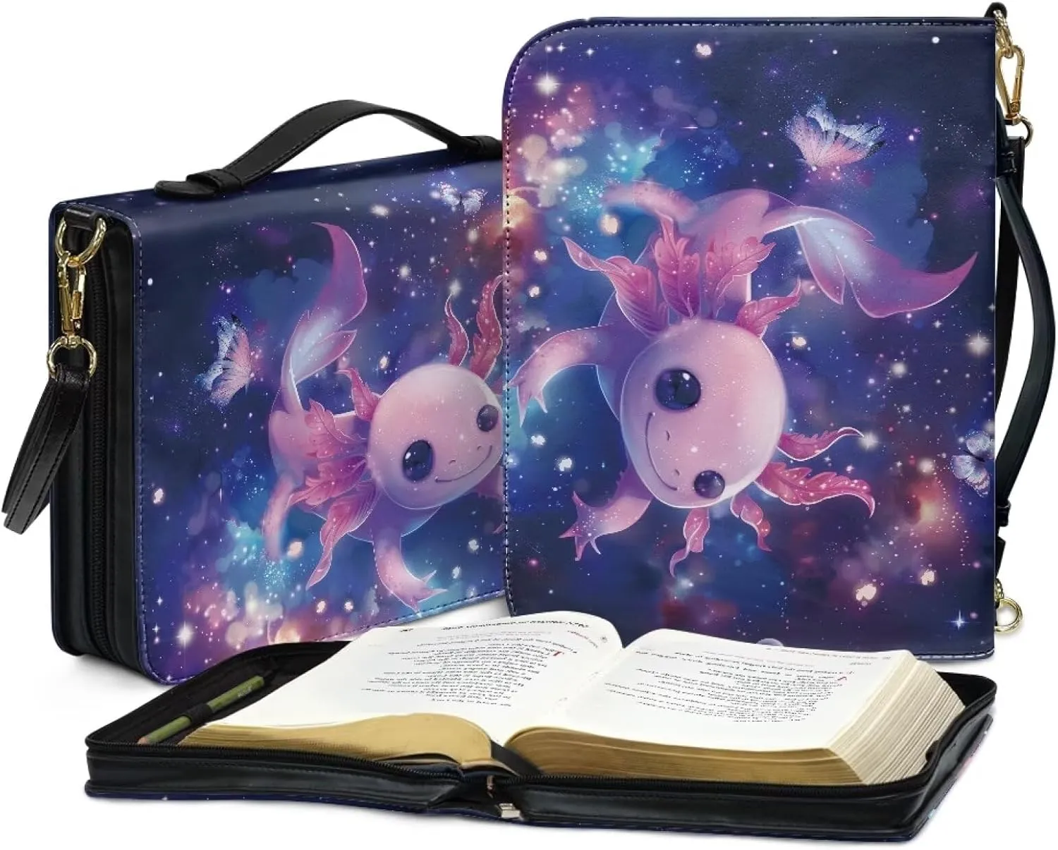 Axolotl Printed Bible Cover for Women, Large Bible Carrying Case with Shoulder Strap, Study Bible Book Cover with Pen Slots, Leather Bible Accessories, Purple and Pink, L