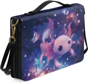 Axolotl Printed Bible Cover for Women, Large Bible Carrying Case with Shoulder Strap, Study Bible Book Cover with Pen Slots, Leather Bible Accessories, Purple and Pink, L
