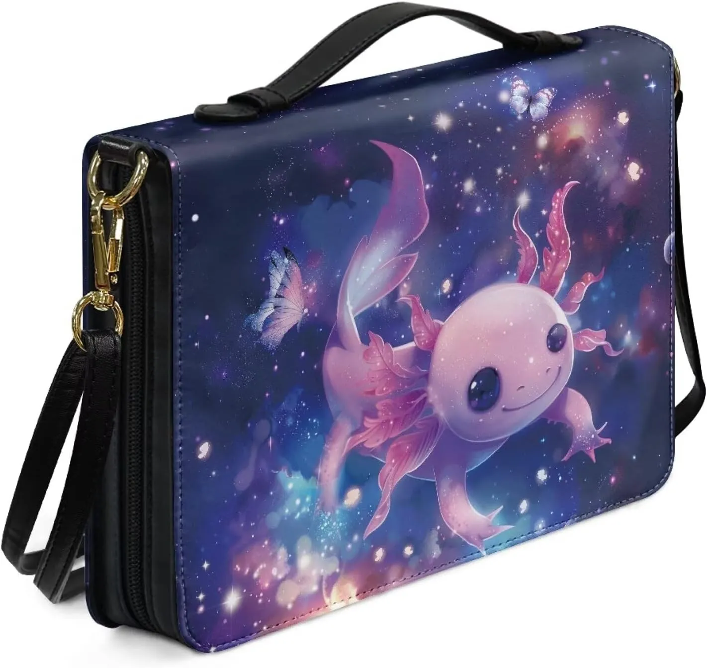 Axolotl Printed Bible Cover for Women, Large Bible Carrying Case with Shoulder Strap, Study Bible Book Cover with Pen Slots, Leather Bible Accessories, Purple and Pink, L