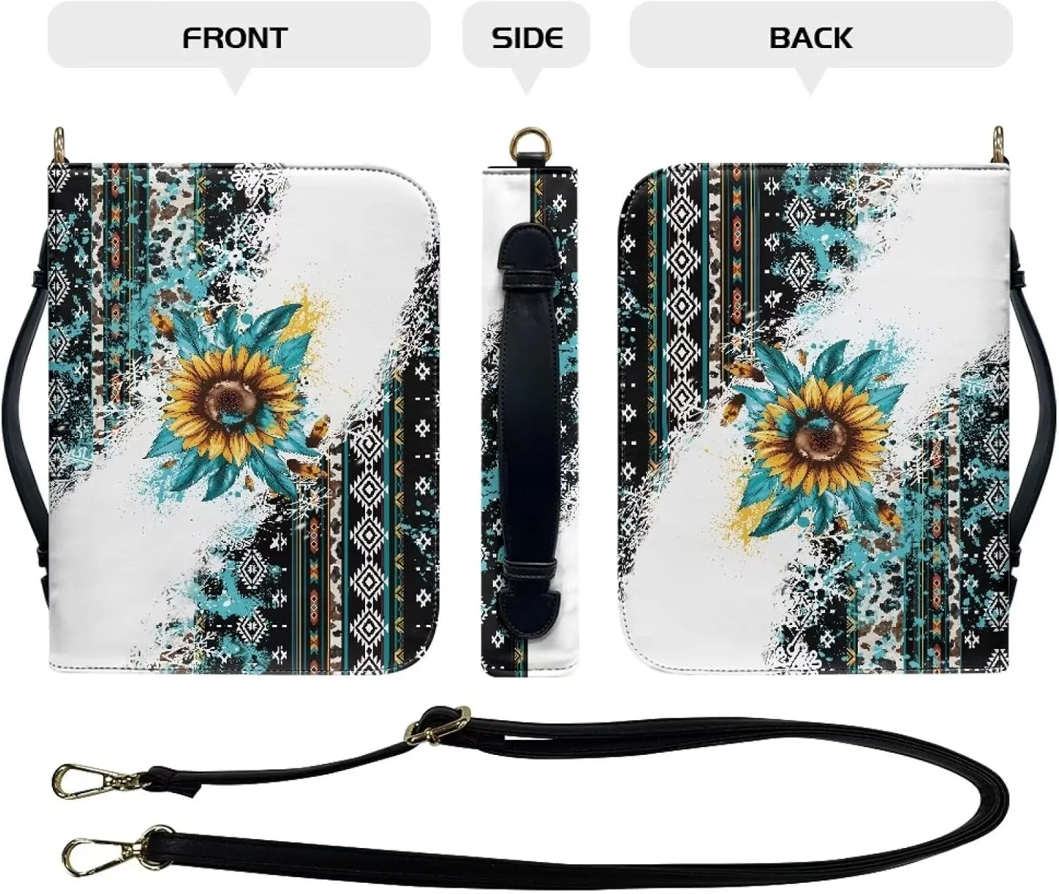 Aztec Sunflower Bible Cover Case with Shoulder Strap, PU Leather Bible Carrying Case Bible Book Cover for Women Girls, Portable Bible Tote Case with Pen Storage, L