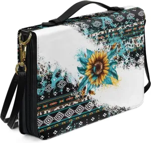 Aztec Sunflower Bible Cover Case with Shoulder Strap, PU Leather Bible Carrying Case Bible Book Cover for Women Girls, Portable Bible Tote Case with Pen Storage, L