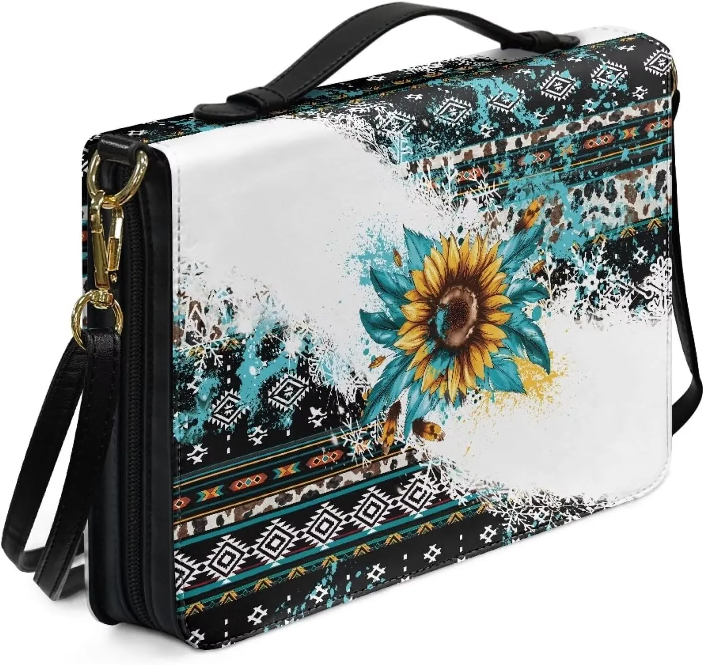 Aztec Sunflower Bible Cover Case with Shoulder Strap, PU Leather Bible Carrying Case Bible Book Cover for Women Girls, Portable Bible Tote Case with Pen Storage, L