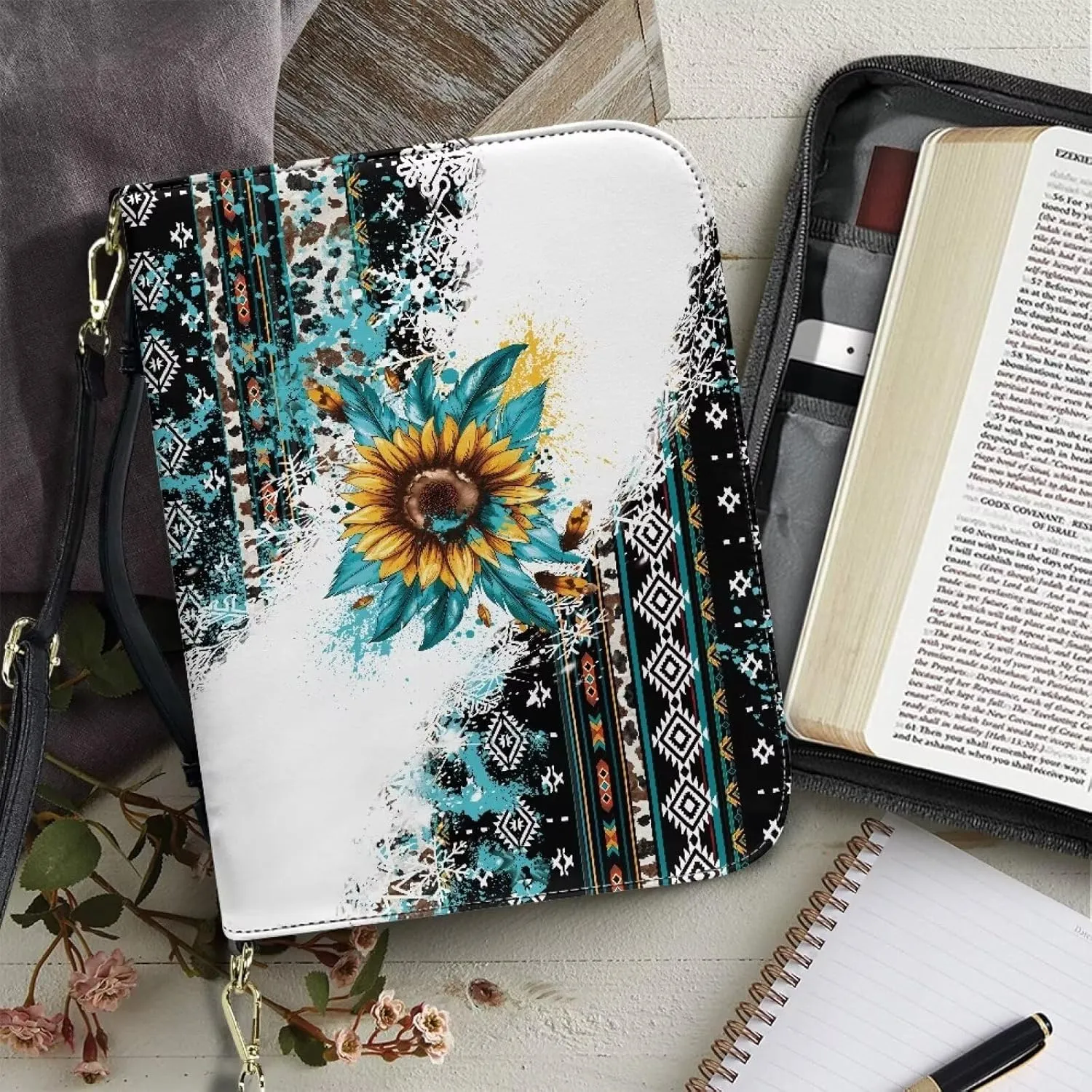Aztec Sunflower Bible Cover Case with Shoulder Strap, PU Leather Bible Carrying Case Bible Book Cover for Women Girls, Portable Bible Tote Case with Pen Storage, L