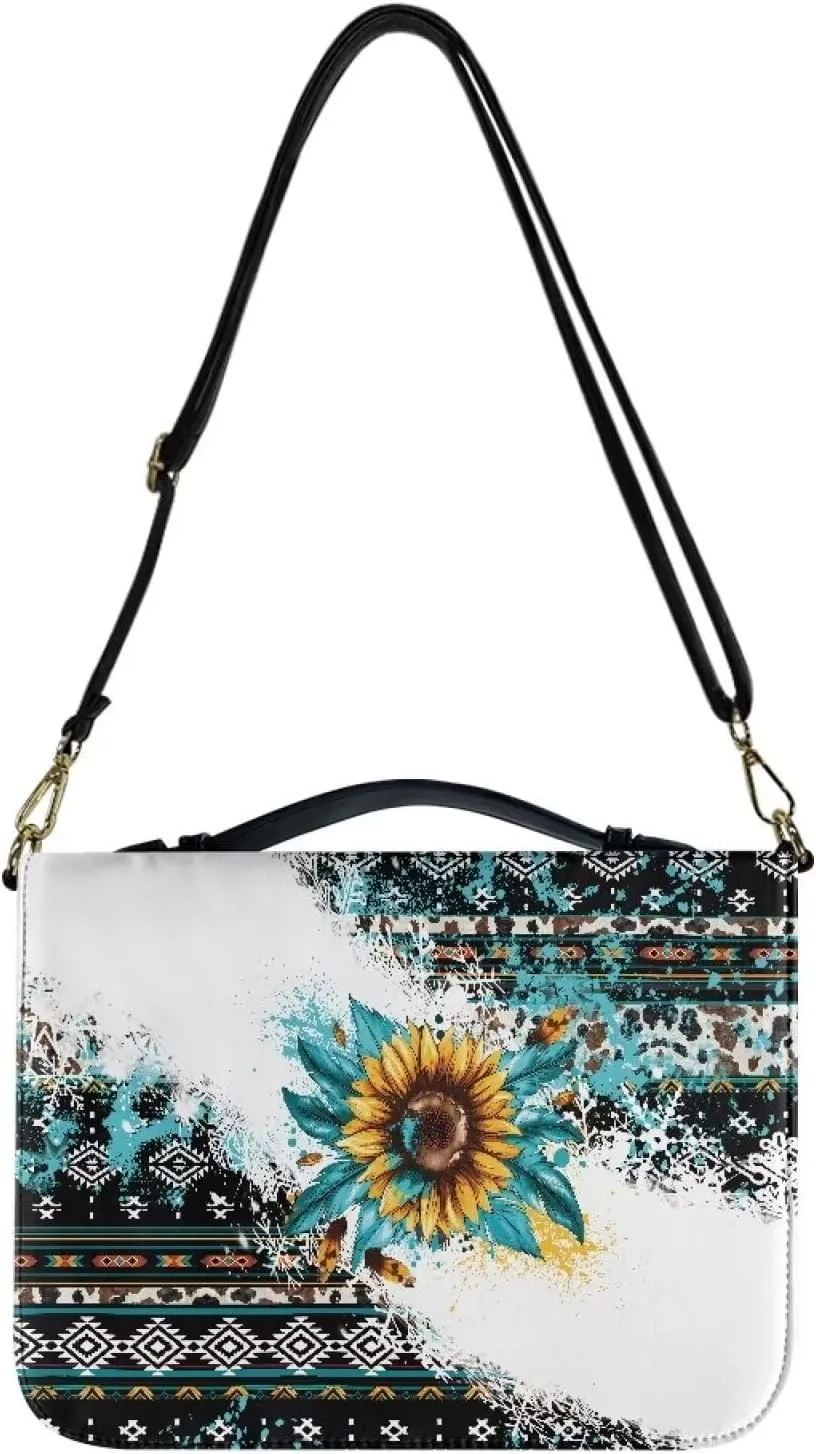 Aztec Sunflower Bible Cover Case with Shoulder Strap, PU Leather Bible Carrying Case Bible Book Cover for Women Girls, Portable Bible Tote Case with Pen Storage, L