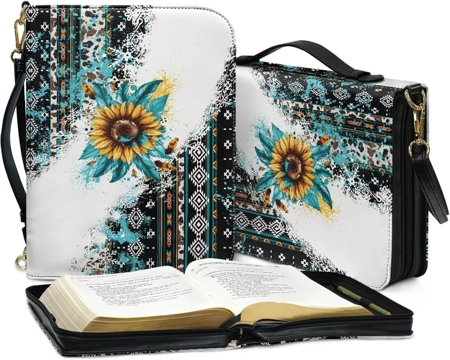 Aztec Sunflower Bible Cover Case with Shoulder Strap, PU Leather Bible Carrying Case Bible Book Cover for Women Girls, Portable Bible Tote Case with Pen Storage, L